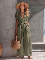 Casual FitiqueFit Retro Resort V-Neck jumpsuit with drop shoulders and loose fit, perfect for relaxed, stylish summer wear.