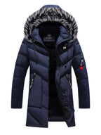 Plus size men's longline padded winter coat with faux fur hood by Shopimist, shown with insulated design and cozy fur trim.