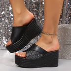 Women's open toe platform wedge sandals by Trendsi, featuring comfortable faux leather high heels and a stylish, summery design.