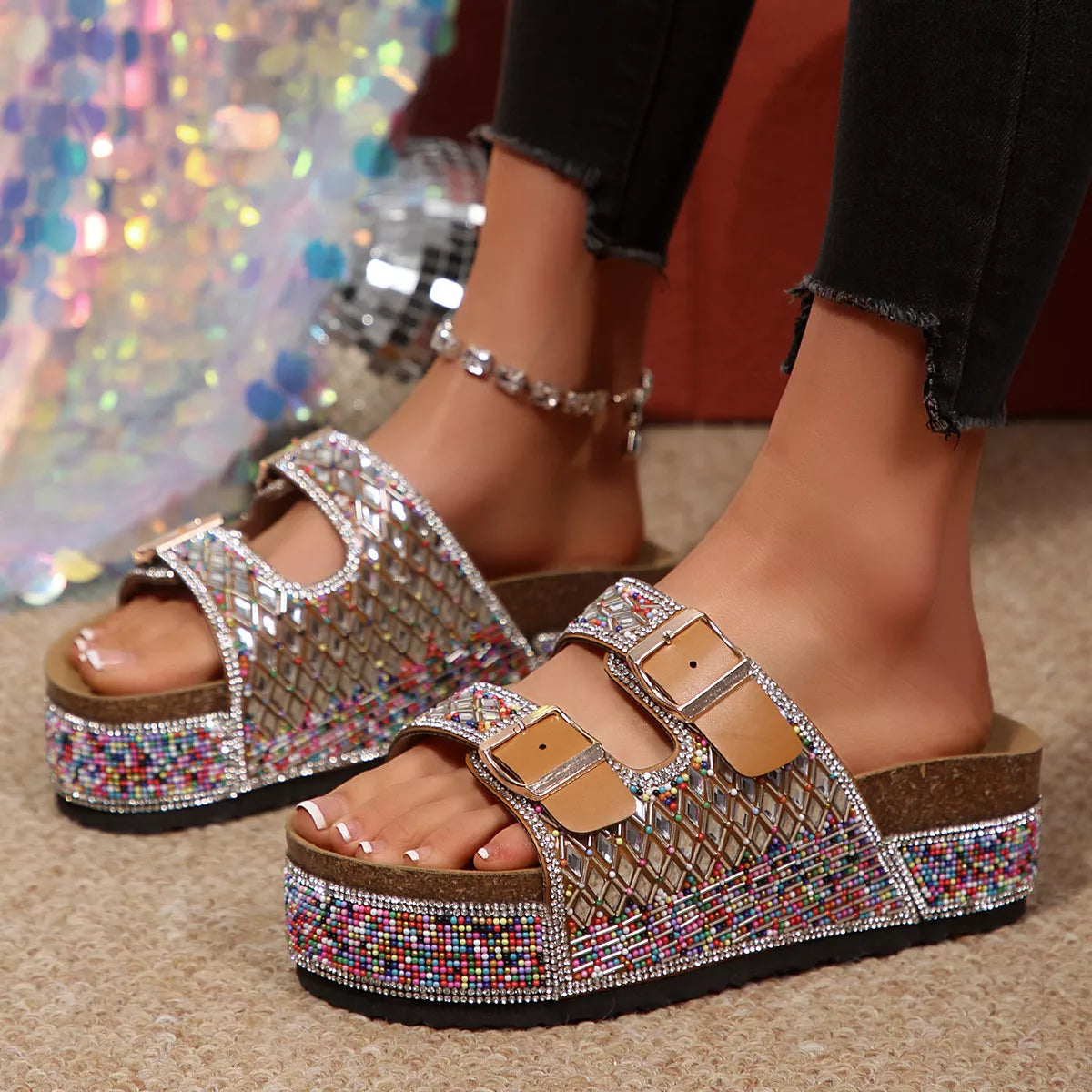 Shopimist rhinestone double buckle sandals with stylish straps and sparkling embellishments, perfect for summer wear.