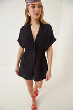 Women's cotton linen loose-fit workwear jumpsuit with pockets, stylish and comfortable, by Plush Fashion Hub.