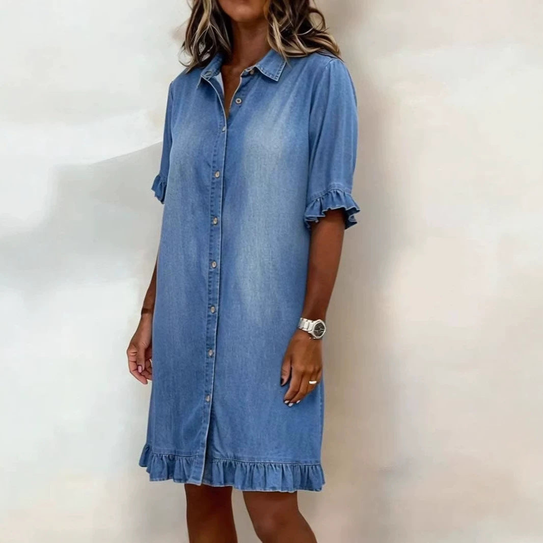 Women's faux denim ruffle-sleeve shirt dress by Plush Fashion Hub, casualwear with a stylish ruffle sleeve design.