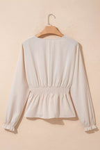 V Neck Long Sleeve Smocked Waist Elegant Blouse