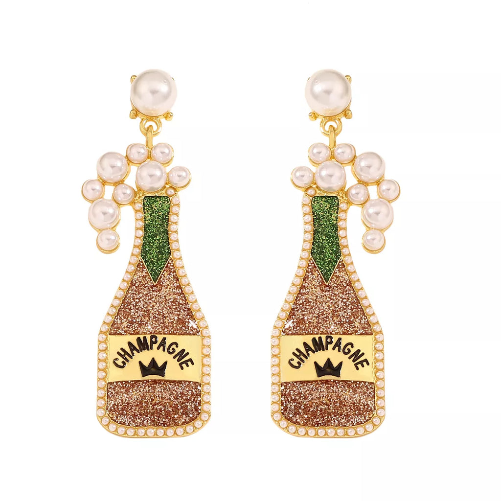 Champagne bottle earrings with pearls from Shopimist, featuring gold-tone metal and elegant design for stylish accessories.