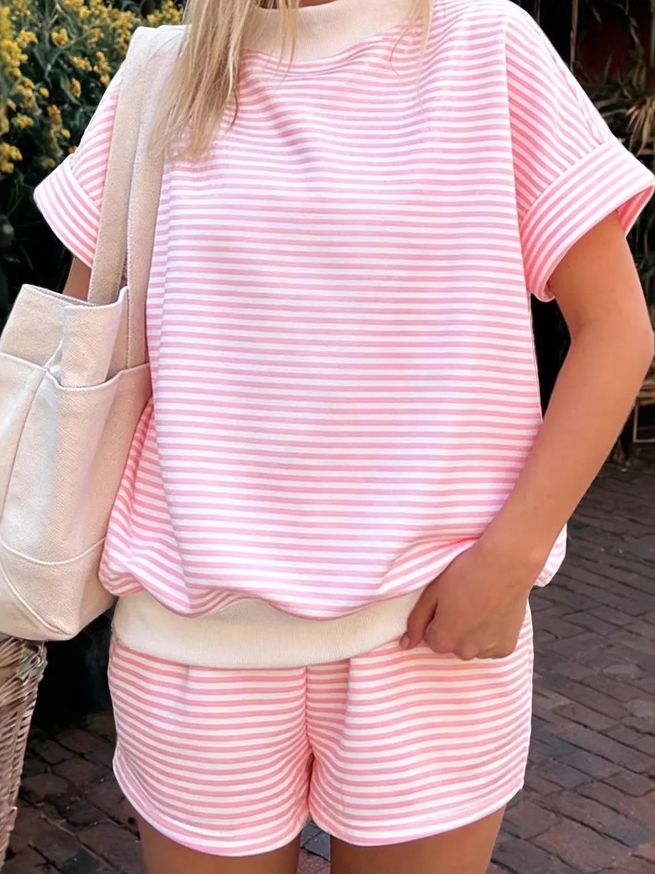 Plush Fashion Hub plus size two-piece striped round neck tee and shorts set, comfortable casual loungewear.