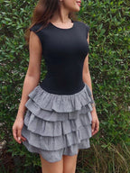 Shopimist layered ruffle mini dress with round neckline, featuring tiered ruffles and a stylish, feminine design.