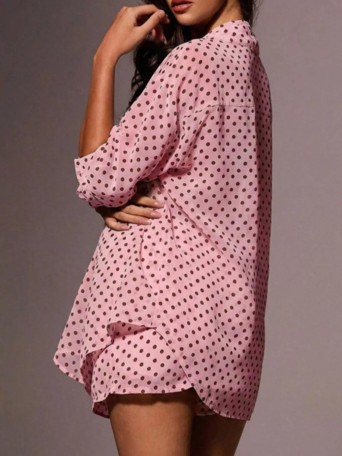 Plush Fashion Hub polka dot loungewear set with button-up shirt and matching shorts, featuring a relaxed fit and comfortable fabric.