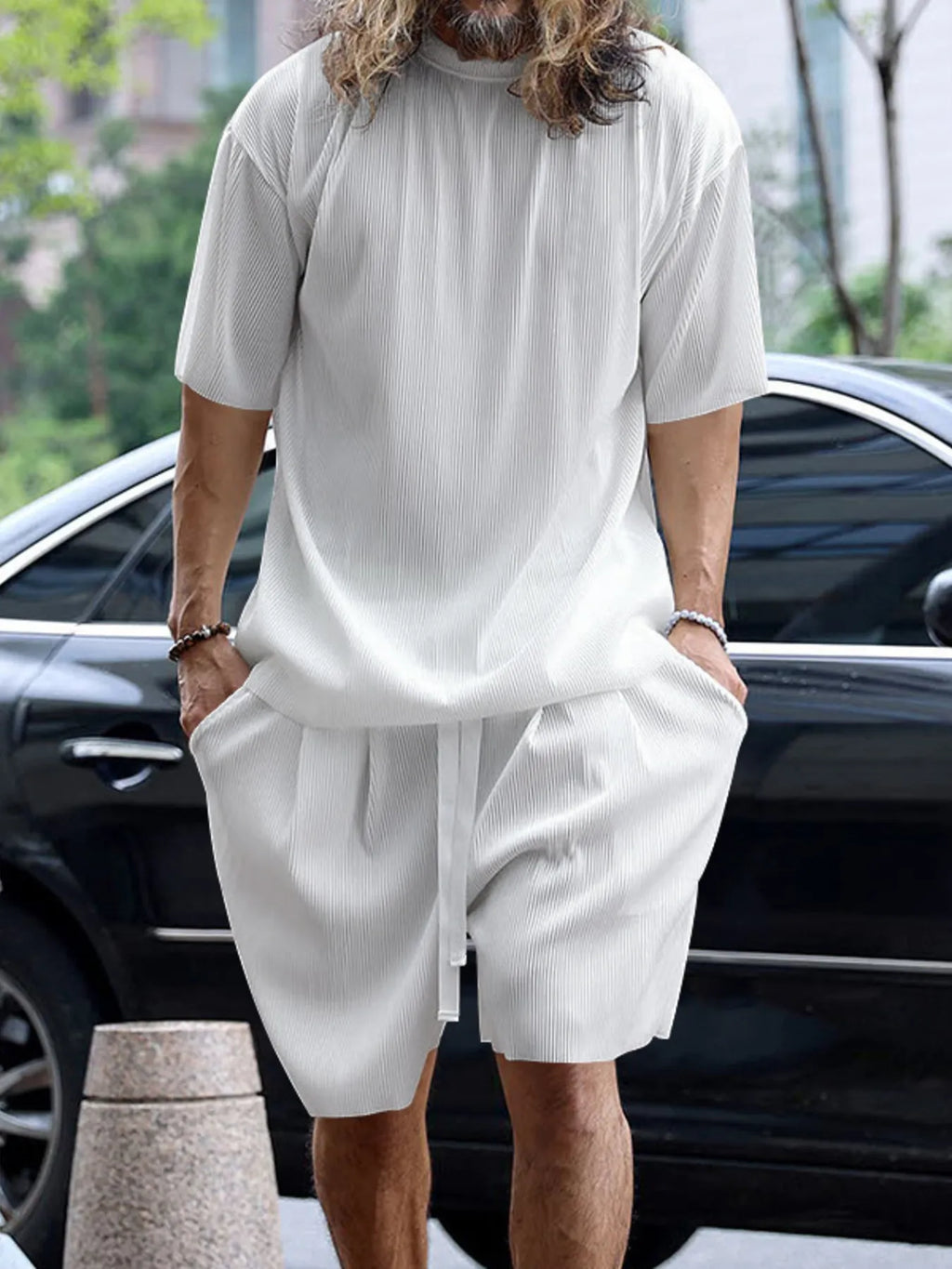 Men's plus size round neck short sleeve top and shorts set by Shopimist, casual comfortable loungewear in a coordinated design.
