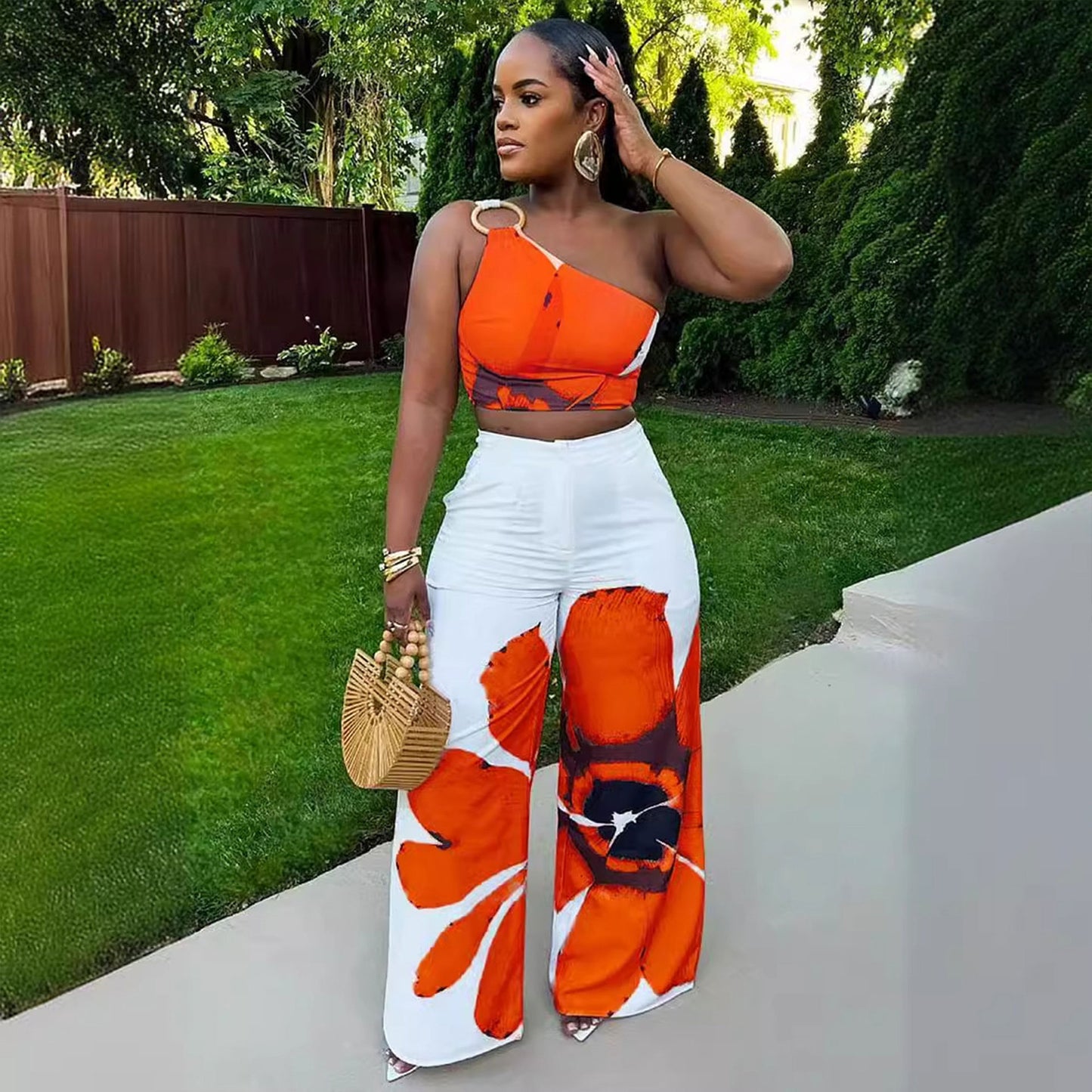Eprolo floral one-shoulder wide-leg two-piece set with matching bottoms, featuring a stylish and flowy design.