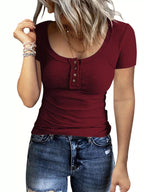 Ribbed knit T-shirt with button detail from Trendsi, featuring a fitted design and textured fabric in a close-up view.