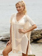 Openwork V-neck slit cover-up by Trendsi, lightweight and stylish with intricate openwork design and V-neck neckline.