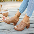Women's chic peep toe block heel sandals by Trendsi, featuring a comfortable mid-heel design perfect for dressy occasions.