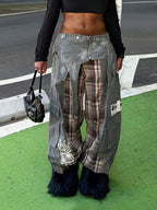 Plaid Patchwork Embroidered Street Style Jeans