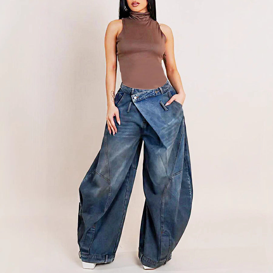 Distressed washed reversed waist women’s jeans by Plush Fashion Hub featuring retro style and vintage distressed details.