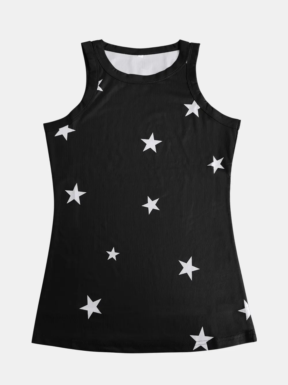 Women's star print cotton blend round neck casual tank top, trendy sleeveless top for warm weather, by Trendsi
