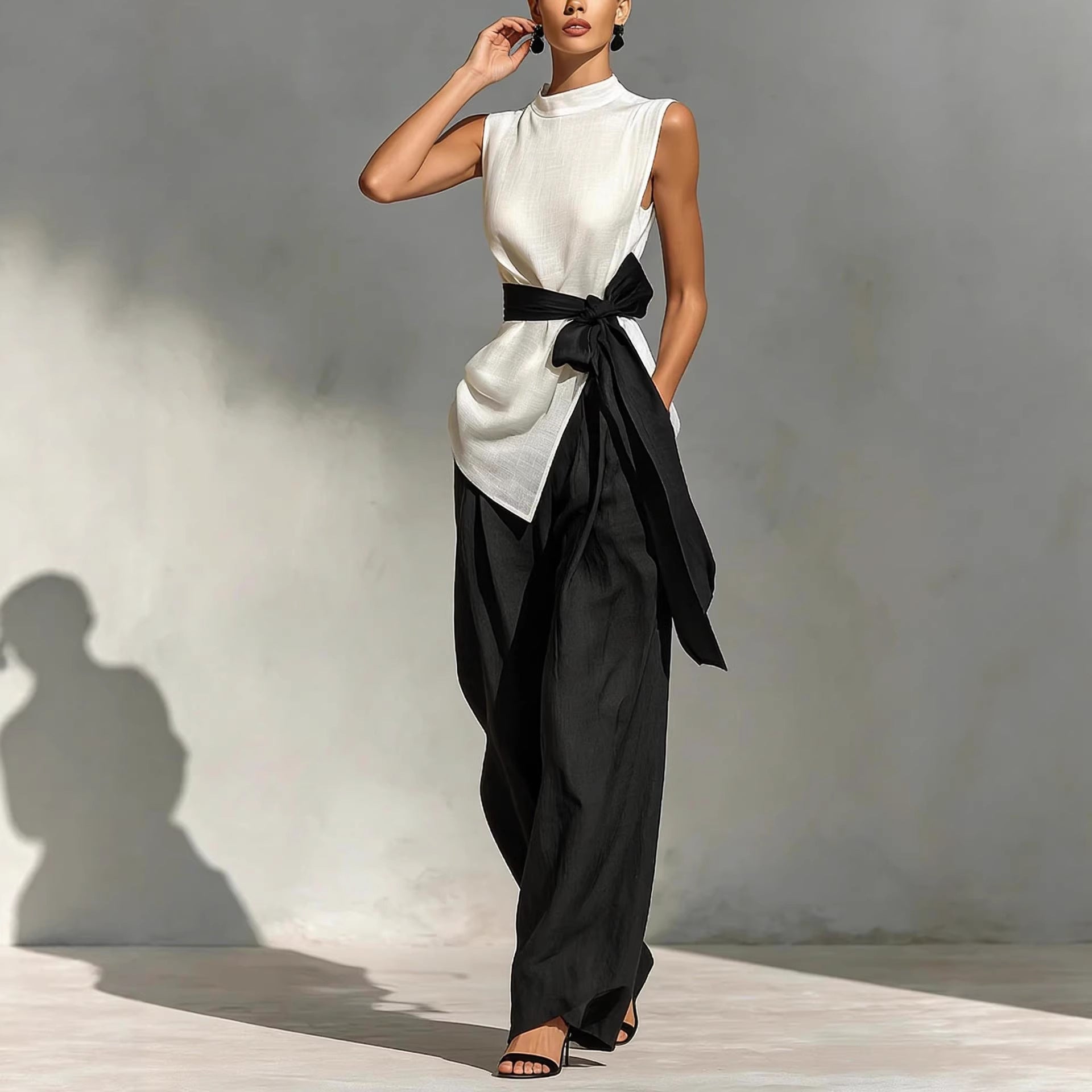 White women's lace-up sleeveless top and wide-leg pants two-piece set by Plush Fashion Hub, casualwear outfit, front view.