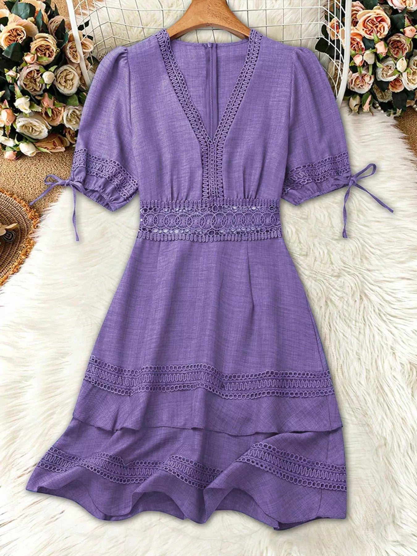 Lace detail V-neck mini dress by Shopimist featuring delicate lace accents and a fitted silhouette, perfect for stylish occasions.