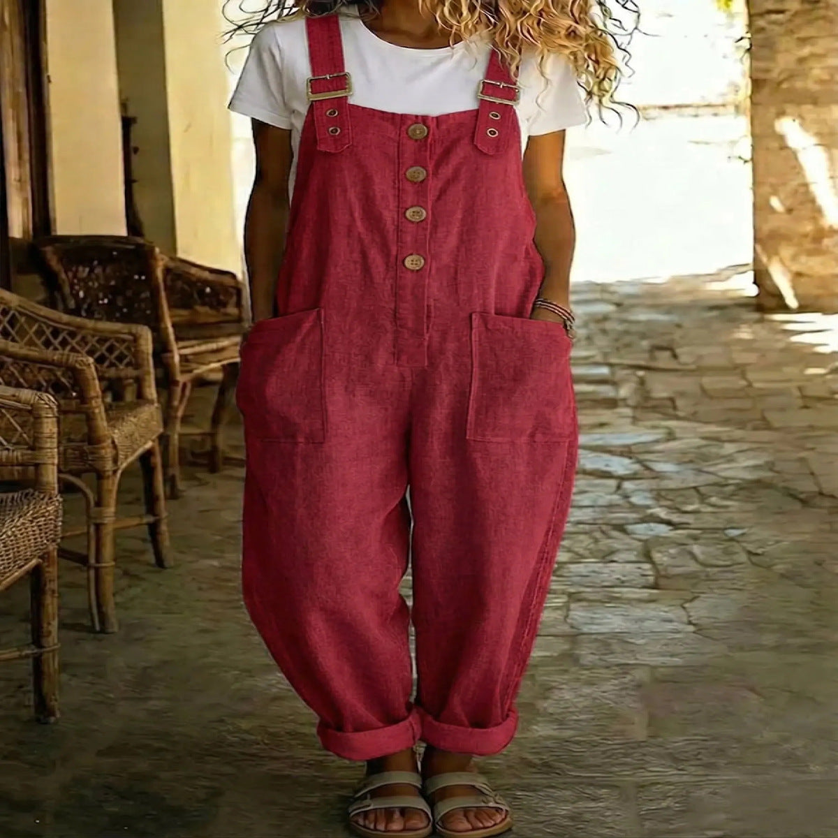 Women's vintage high-waist straight-leg overalls jumpsuit with sleeveless suspender design, by Plush Fashion Hub.