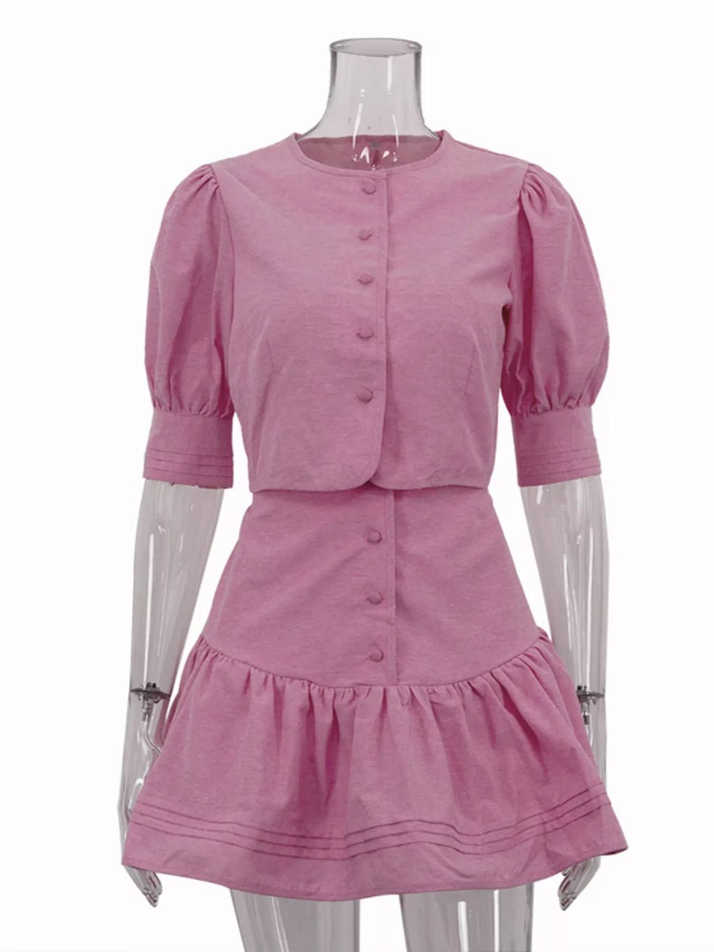Shopimist puff sleeve cropped top and ruffled skirt set, featuring a stylish, coordinated outfit with feminine details.
