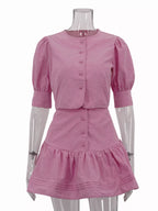 Shopimist puff sleeve cropped top and ruffled skirt set, featuring a stylish, coordinated outfit with feminine details.