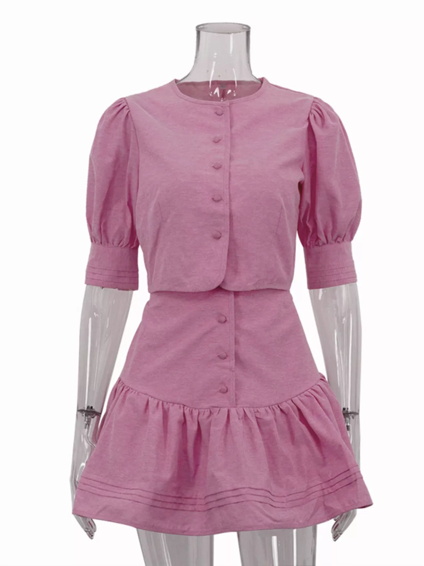Shopimist puff sleeve cropped top and ruffled skirt set, featuring a stylish, coordinated outfit with feminine details.