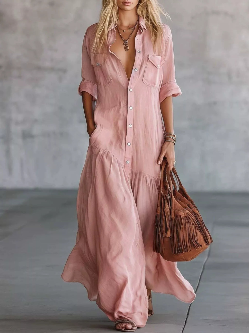 Plus size Plush Fashion Hub maxi dress with button front and roll-up sleeves, full-length and stylish for a casual or dressy look.