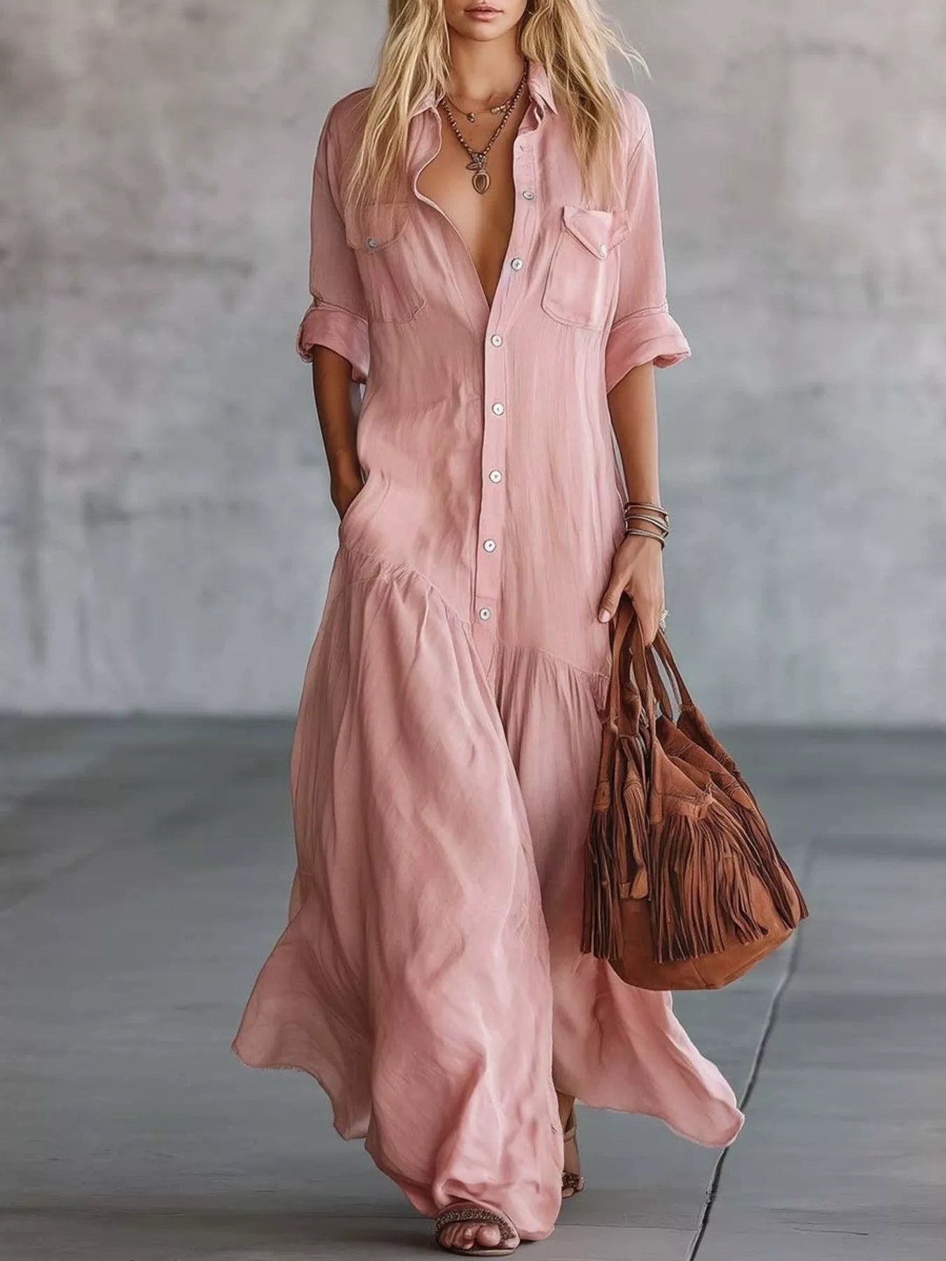 Plus size Plush Fashion Hub maxi dress with button front and roll-up sleeves, full-length and stylish for a casual or dressy look.