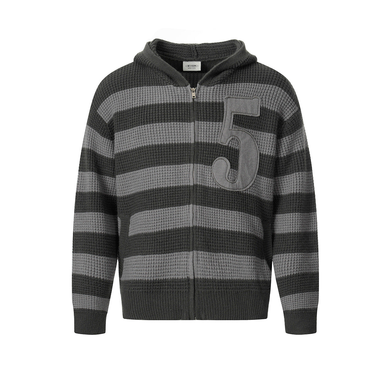 Grey knit zip-up hoodie with horizontal stripes and a large number 5 appliqué on the chest.