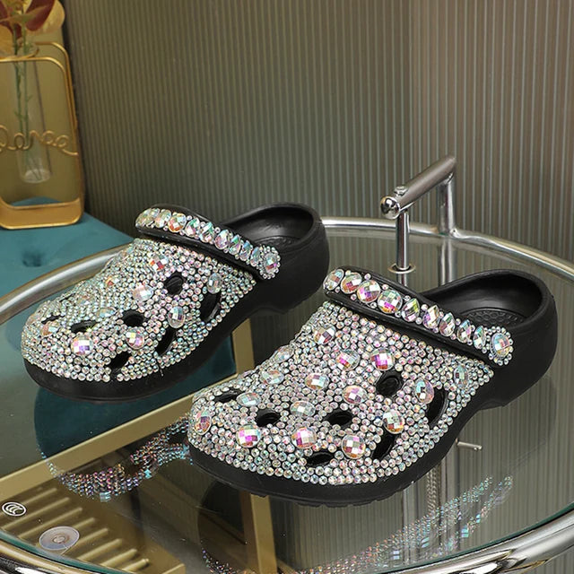 Luxe rhinestone-embellished slide sandals by Plush Fashion Hub, featuring sparkling stones and comfortable slip-on design.