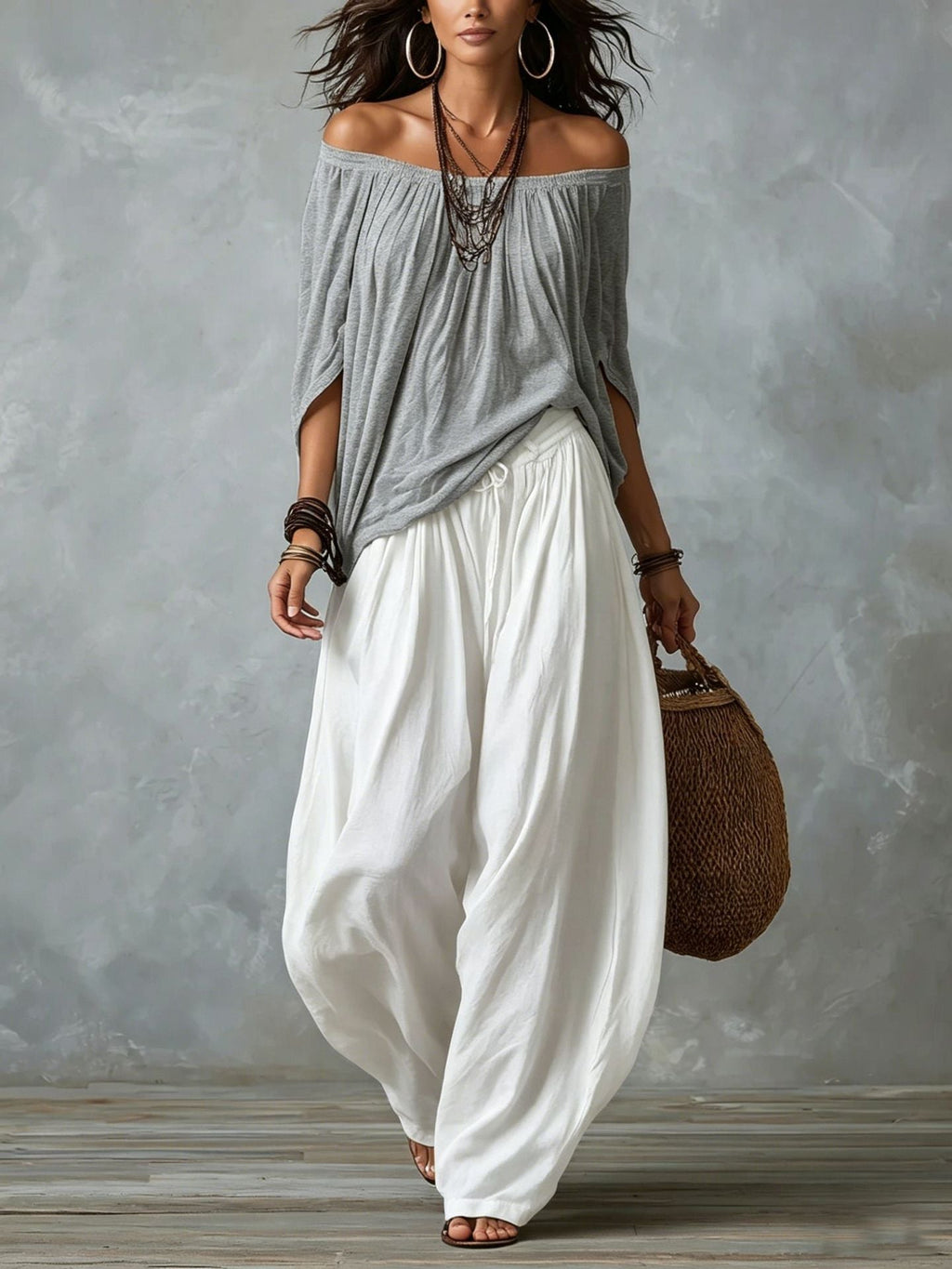 Women's one-shoulder T-shirt and wide-leg pants two-piece set by FitiqueFit, casual urban outfit with stylish, comfortable fit.