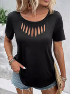Hollow out neckline short sleeve T-shirt by Trendsi, showcasing a stylish cutout design and casual fit.
