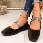 Rhinestone embellished square toe slip-on flats for women, trendy casual shoes with sparkly details and comfortable design.