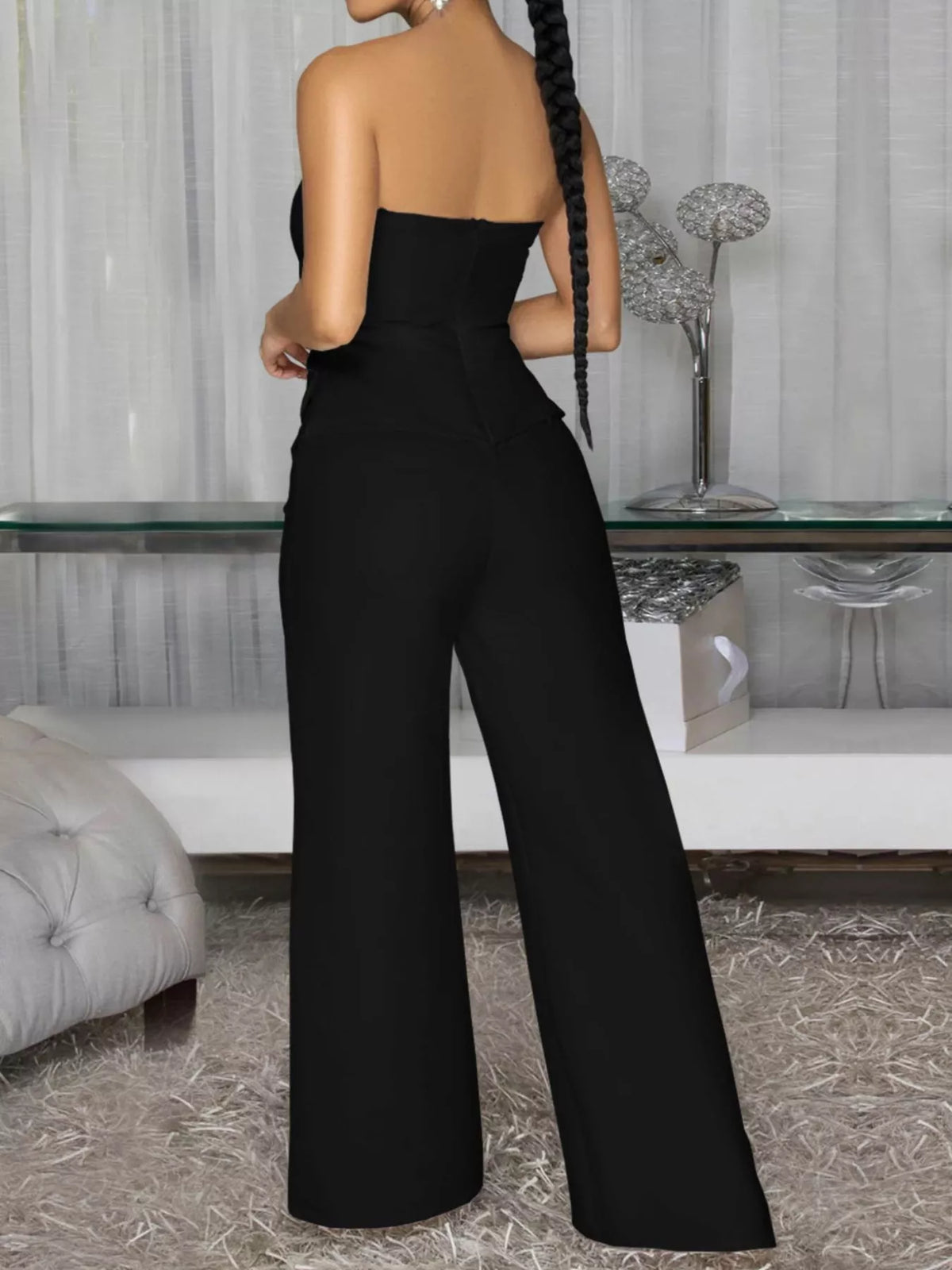 Plush Fashion Hub wide leg jumpsuit in plush fabric, featuring a tube top style and relaxed fit for casual or stylish wear.