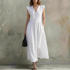 V-neck puff-sleeve cotton linen dress with pockets by FitiqueFit in 7 colors, casualwear with a relaxed fit and stylish design.
