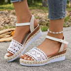 Women's crochet espadrille platform sandals with mid-heel, stylish summer shoes featuring woven upper and jute sole.