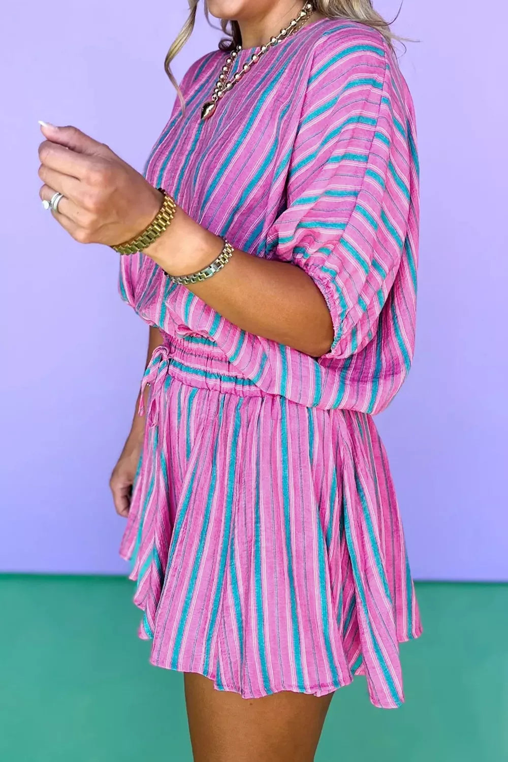 Stripe dolman short sleeve blouse with drawstring elastic waist in a loose short set by Plush Fashion Hub