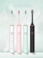 Set of eight professional electric toothbrushes with white and blue handles, designed for premium oral hygiene care.