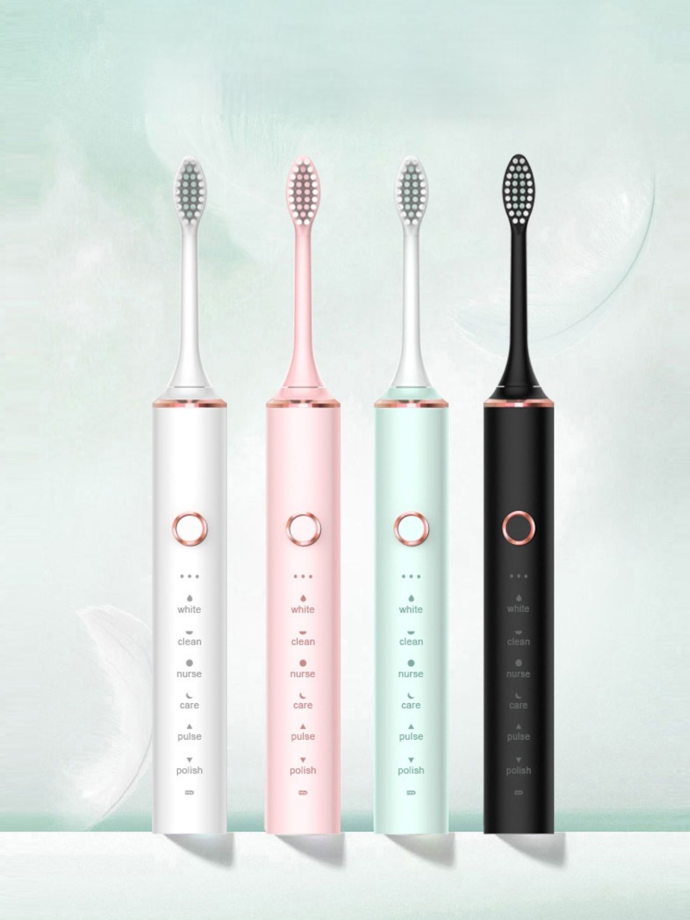 Set of eight professional electric toothbrushes with white and blue handles, designed for premium oral hygiene care.