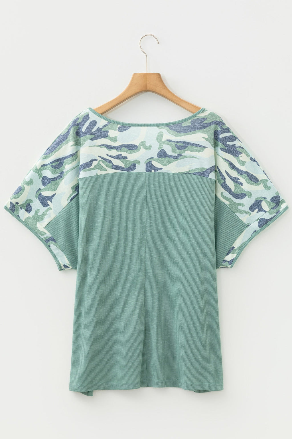 Plus size Mazie Mist Ribbed Patchwork Tee by Threaded Pear featuring ribbed fabric and patchwork design, casual and stylish.
