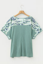 Plus size Mazie Mist Ribbed Patchwork Tee by Threaded Pear featuring ribbed fabric and patchwork design, casual and stylish.
