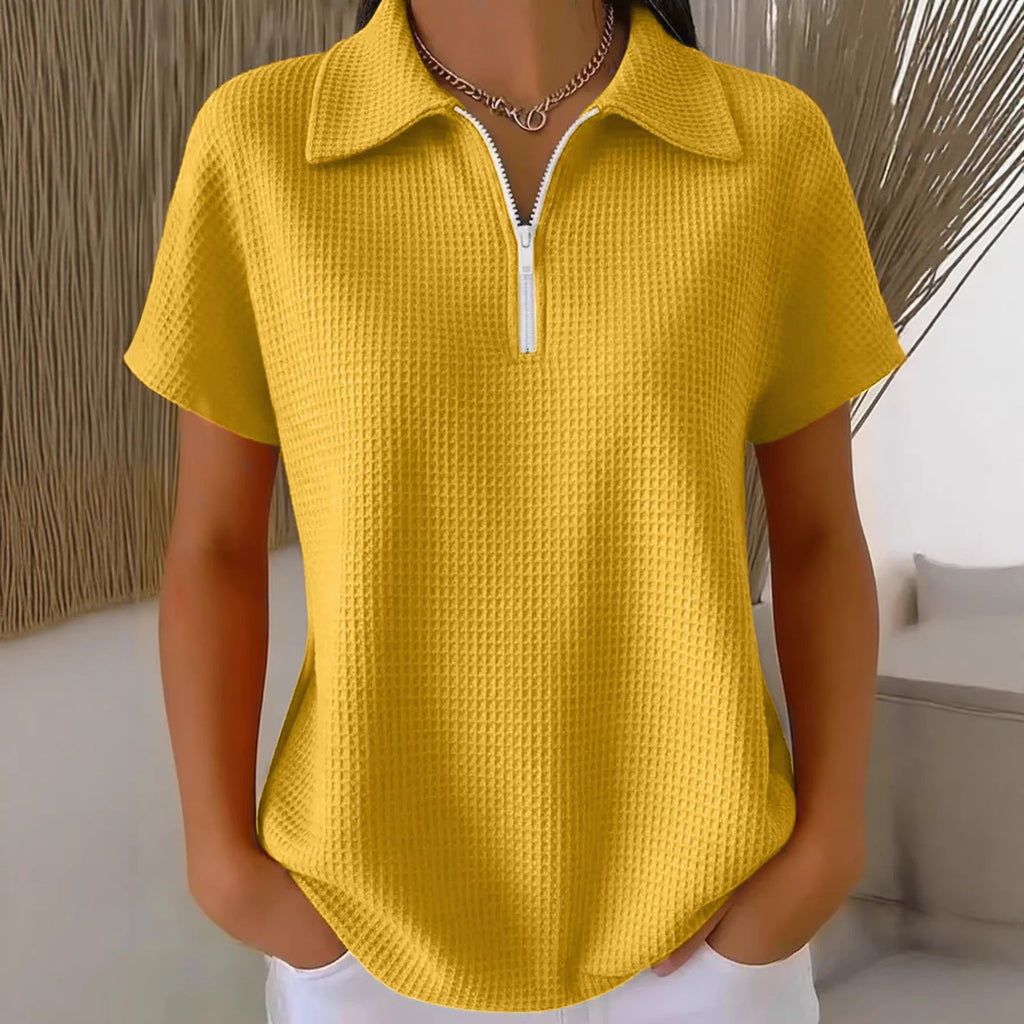 Plush Fashion Hub drop shoulder waffle knit top with 3/4 sleeves, half-zip pullover, cozy and stylish women's casual top.
