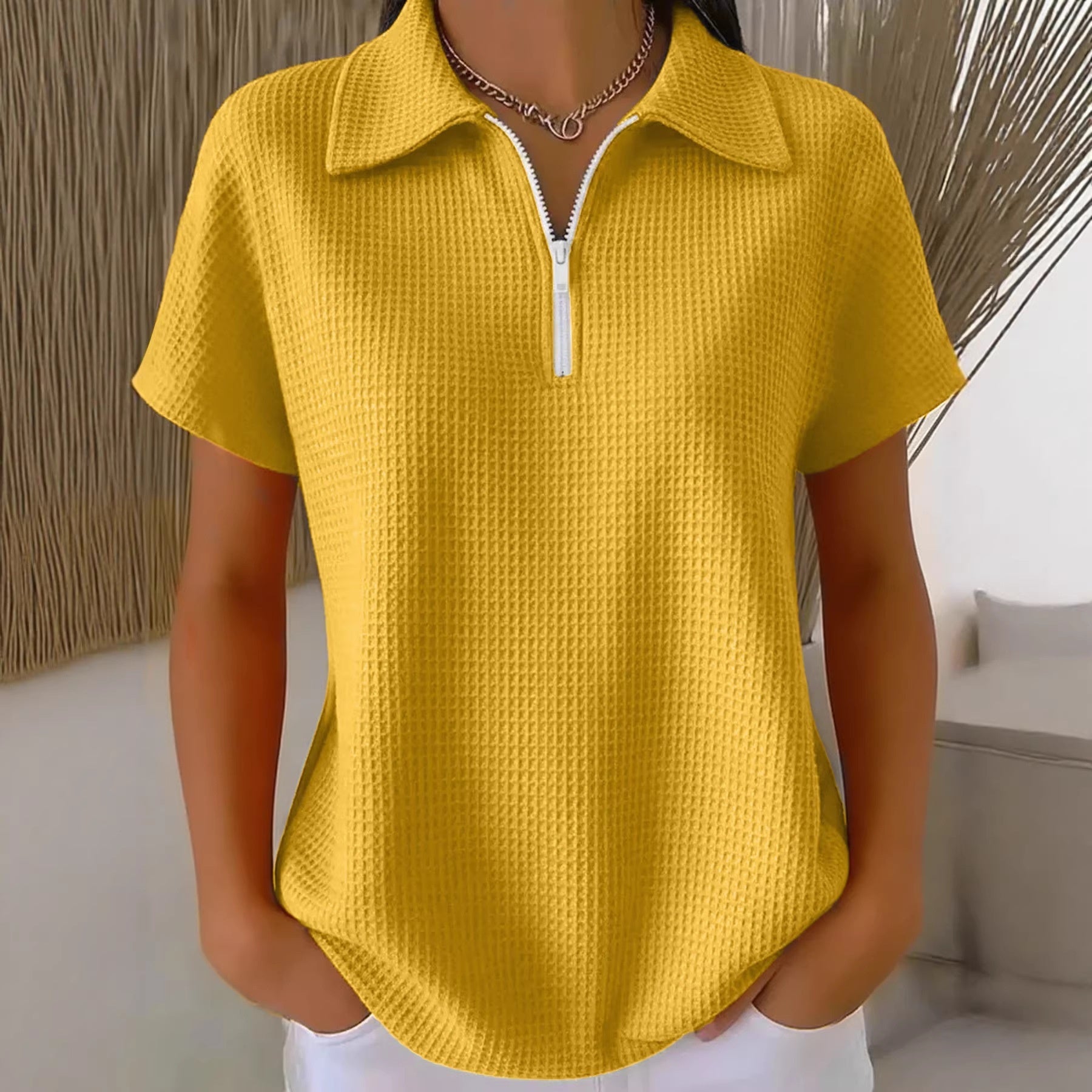 Plush Fashion Hub drop shoulder waffle knit top with 3/4 sleeves, half-zip pullover, cozy and stylish women's casual top.
