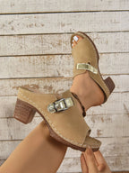 Shopimist buckle block heel sandals with open toe design and ankle strap, stylish footwear for casual or dressy occasions.