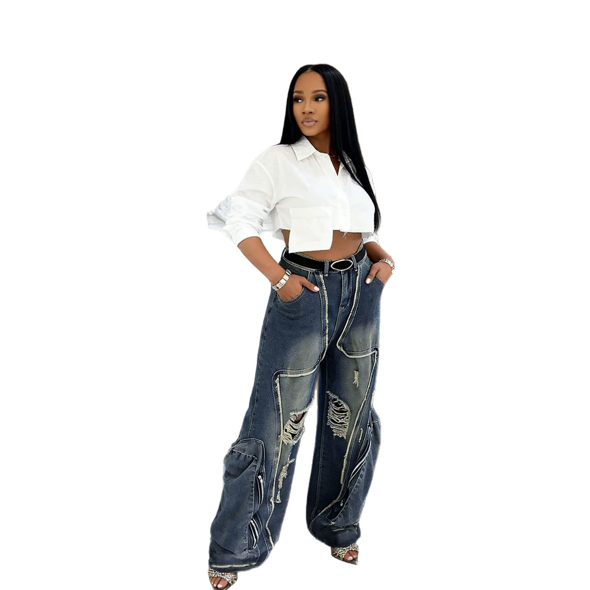 Eprolo streetwear deconstructed ripped cargo jeans with large pockets, casual denim pants with distressed details and oversized pockets