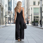 Women's FitiqueFit V-neck backless wide-leg jumpsuit with high waist, casual style, perfect for warm weather.