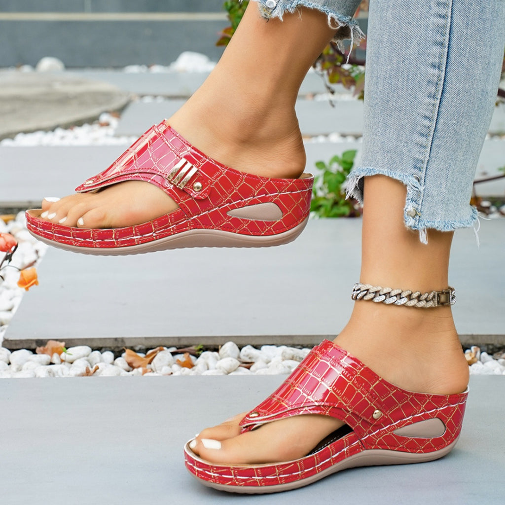 Women's trendy faux leather toe post wedge sandals with comfortable mid-heel, stylish design, by Trendsi.
