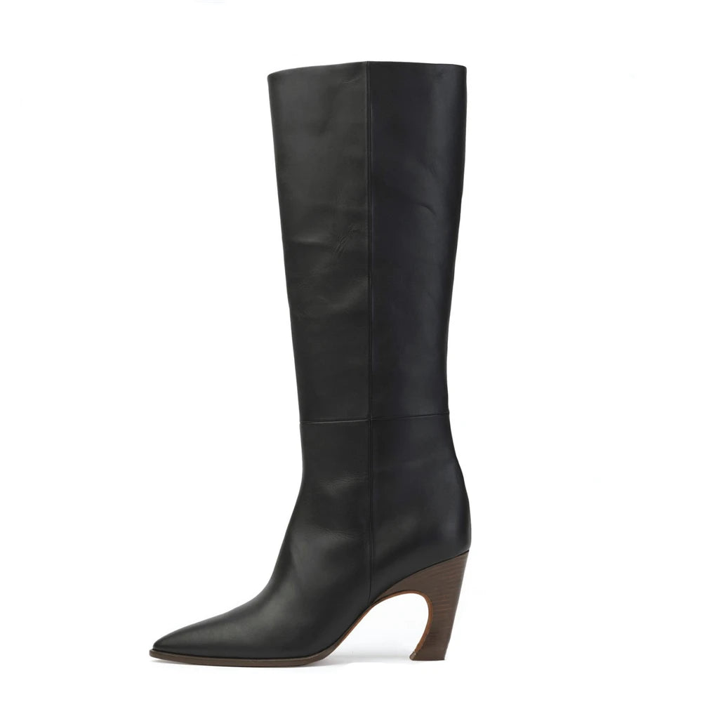 Black knee-high leather boot with a pointed toe and curved wooden block heel in a solid style.