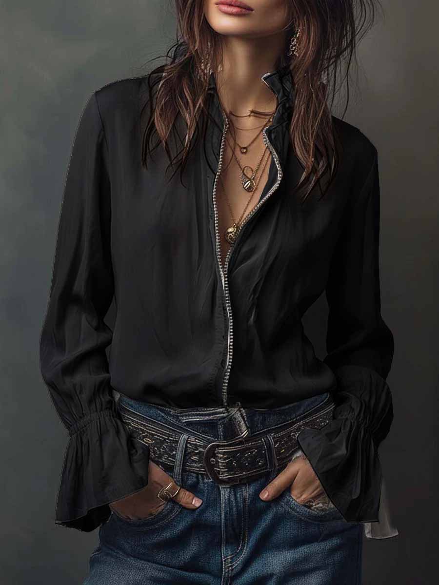 Women's ruffled sleeve resort shirt by FitiqueFit, casual long blouse with stretch fabric and stylish ruffled sleeve design.