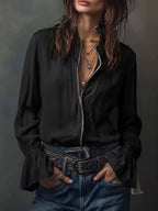 Women's ruffled sleeve resort shirt by FitiqueFit, casual long blouse with stretch fabric and stylish ruffled sleeve design.