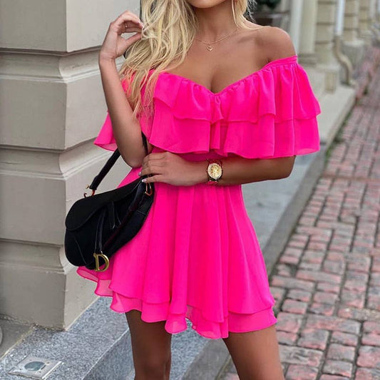 Hot Pink Chiffon Off The Shoulder Ruffle Nimi Dress Pretty Little Patriot